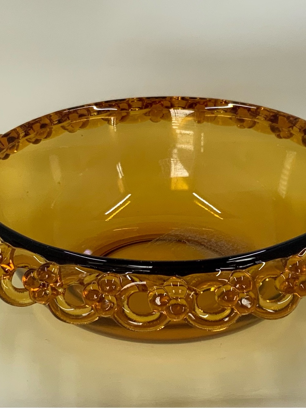Vintage Amber Glass Bowl with Beaded Loop Rim